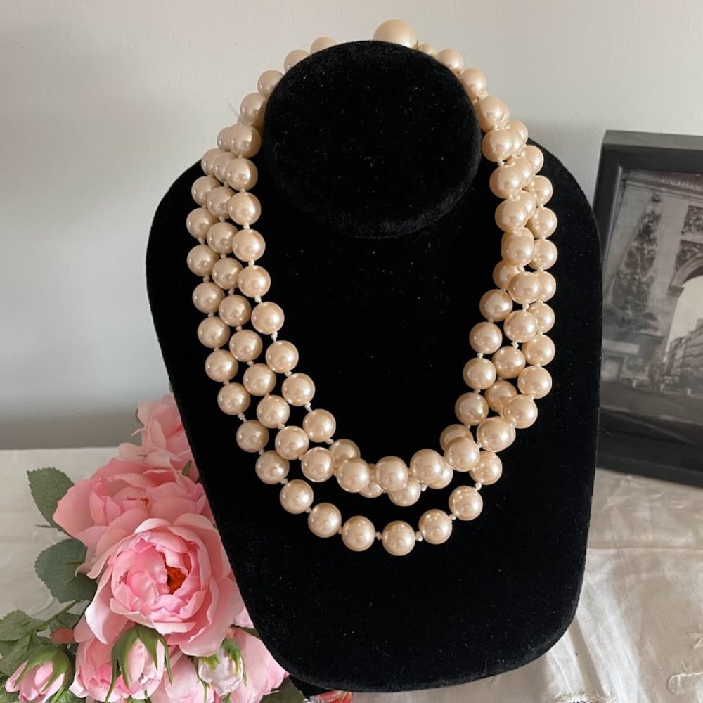 Vintage 1960s Twisted Strand Faux Pearl Necklace, 3 Strands, Pearl Button Clasp
